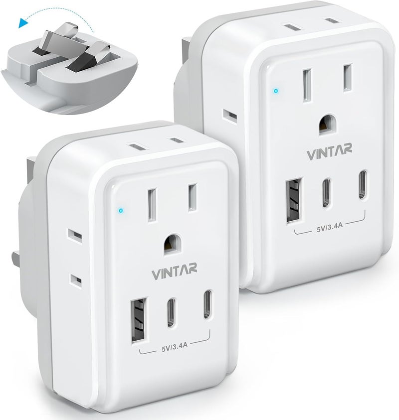 VINTAR 2 Pack US to UK Plug Adapter, Foldable UK Adapters for Travel, Type G Adapter for Travel with 4 Outlets and 3 USB(2 USB C Ports) for USA to Ireland England Scotland London Dubai Singapore - Image 1